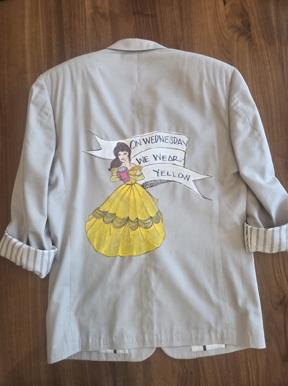 Hand-painted Belle Disney Blazer "On Wednesday We Wear Yellow" Oversized M/L/XL - Picture 7 of 14
